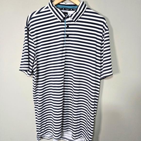 KENNETH COLE golf Mens large Dark Navy and white stripe Polo shirt - Picture 1 of 9